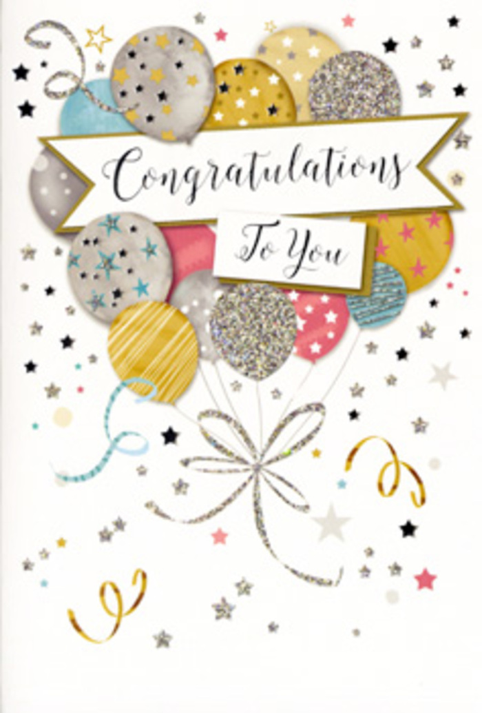 The congratulations card shown here feels like a thoughtfully styled celebration scene, quietly glowing with soft colour and metallic shine. At its heart, a loose bouquet of illustrated balloons floats upward, reminiscent of a cluster of helium balloons bobbing above a bouquet ready to leave a South Tottenham florist's shop. The balloons are rendered in gentle, harmonious shades of warm gold, cool silver, champagne cream, sky blue, blush pink, and soft grey, layered so they overlap and create a sense of depth and fullness. Each balloon is individually decorated with intricate patterns-tiny twinkling stars, slim vertical or diagonal stripes, and scattered glitter-like speckles-picked out in reflective metallic foils that would catch the light in a living room off Broad Lane or a cosy flat near Seven Sisters Road. From the base of the cluster, fine, curling ribbons in coordinating metallic tones trail downward in elegant arcs, visually grounding the airy composition. A curved banner sweeps through the centre, bearing a refined Congratulations To You message in graceful, slightly flourished script, the lettering echoing the traditional calligraphy of a hand-written card. Around this central motif, the pale background is gently dusted with star-shaped accents, tiny dots of gold and silver, and loose spirals that mimic the joyful confusion of confetti falling at a party. The overall impression is festive yet sophisticated, suitable for marking exam results, job promotions, or personal victories. As someone who regularly helps customers select just the right card to accompany celebratory flowers around South Tottenham, I can imagine this card nestled beside a vase of fresh blooms, adding sparkle, warmth, and a polished finishing touch to the message of pride and happiness.
