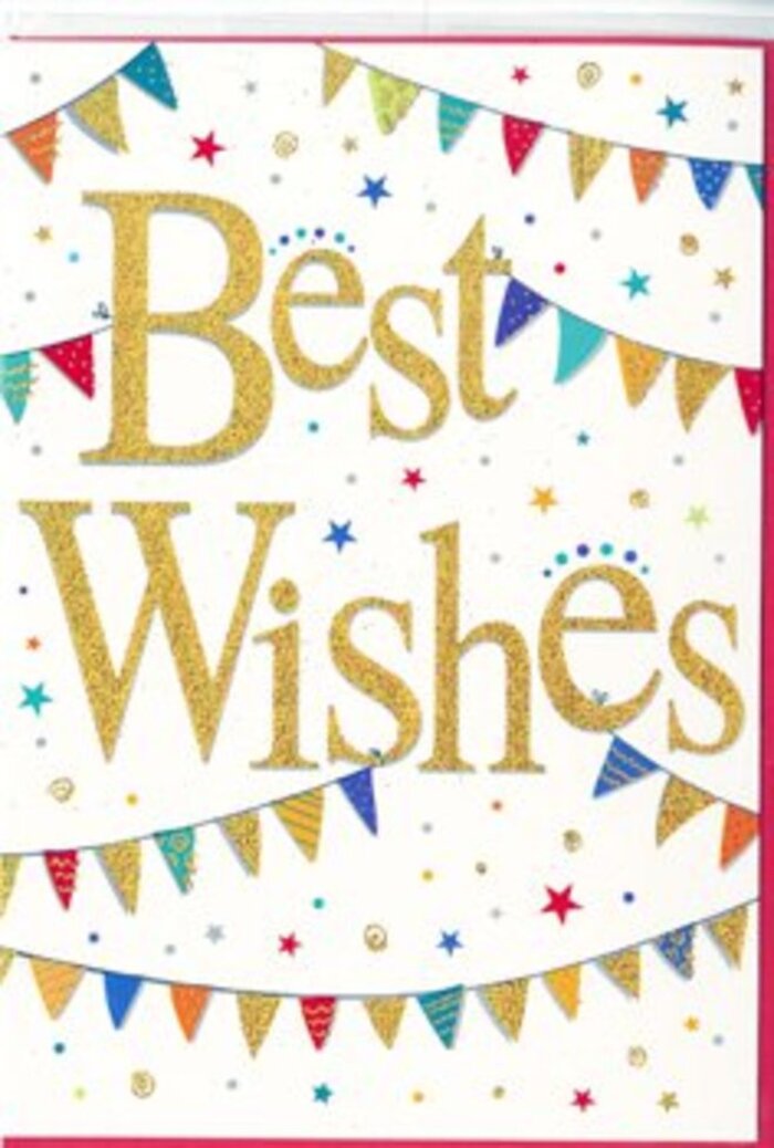 This Best Wishes card is designed like a little burst of celebration on a crisp white canvas, the kind of detail that pairs beautifully with a congratulations bouquet delivered around South Tottenham. Dominating the centre, the words Best Wishes are embossed in rich golden script, each letter thick and flowing, as though written with a calligrapher's pen dipped in liquid metal. The gold has a subtle glittery sheen, catching the light in a way that feels both luxurious and inviting, suggesting a soft, slightly grainy texture when touched. Framing this central message, strands of bunting sweep in relaxed arcs across the top and bottom of the card, recalling festive banners hung over a garden gathering near Downhills Park or a lively street market. The bunting triangles are individually decorated-some with neat polka dots, others with slim stripes, chevrons, or simple patchwork patterns-each one in bold, cheerful colours such as cherry red, sky blue, zesty lime, sunshine yellow, and warm coral. Between and around the bunting strings float small stars and circular confetti specks in coordinating colours, some clustered, some scattered loosely, suggesting the joyful chaos of celebration as if thrown into the air in a moment of good news. The white background provides breathing space, keeping the composition from feeling crowded and giving a clean, modern feel that still holds plenty of warmth. The overall impression is one of optimistic enthusiasm and gentle encouragement, ideal for sending best wishes for exams, new jobs, or big moves around South Tottenham. It's a card that visually echoes a heartfelt I'm so happy for you, ready to sit proudly beside a vase of fresh flowers on a local kitchen table.