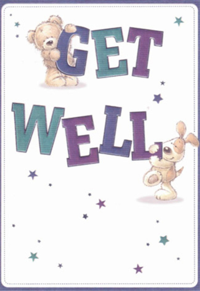 This endearing get well card illustration captures the feeling of a warm visit from friends, even when someone is resting at home or in hospital near South Tottenham. At the centre, the large phrase Get Well stretches across the card in big, rounded letters, shaded with a blend of deep purple, plum, and calming teal, giving the text a friendly strength. A chubby teddy bear, with softly detailed fur and rounded ears, leans sweetly over the top of the word GET. Its expression is gentle and slightly curious, as though it is peeking over to check that everything will be alright. Nestled around the word WELL is an eager puppy, its floppy ears and soft coat illustrated with subtle strokes that suggest a velvety touch. The little dog seems to press against the letters, as if helping to hold the sentiment steady. Surrounding them, scattered stars and tiny starbursts glow in blues, purples, and aqua, echoing the feeling of hopeful wishes floating through the air. The background is a clean, creamy white, giving the whole design a sense of brightness and fresh air, not unlike the open, light-filled spaces around local parks and streets off West Green Road. The card's mood is both playful and soothing, like a bouquet chosen specifically to comfort-a mix of tender colours, soft textures, and heartfelt intention. You can imagine it standing on a bedside table beside a vase of gentle blooms, its whimsical characters quietly lifting spirits with every glance, promising that better days are on their way.