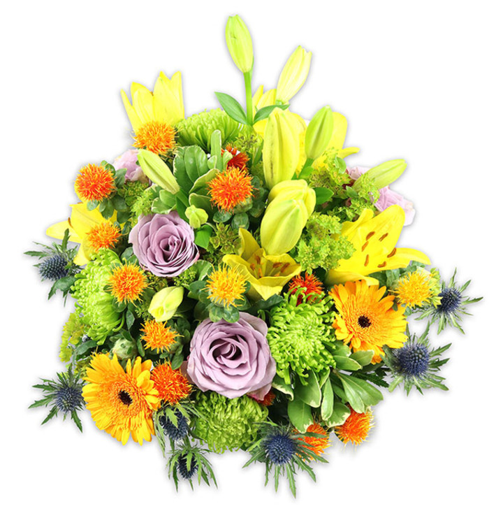 An abundant, hand-composed bouquet sits against a stark white background, its dense formation celebrating a sunlit palette and a variety of botanical textures that feel both joyful and considered. Prominent yellow Asiatic lilies provide upward momentum: some appear as elongated, chartreuse-yellow buds while others are fully unfurled, their speckled petals curving back to reveal delicate stamens. Two pale lavender roses form a gentle, calming focal point with their soft, spiralling petals, offering an elegant pause amid the brighter tones. Generous orange gerberas read like cheerful suns across the surface of the mound, their ray-like petals and darker centres creating bold focal discs. The arrangement's fullness comes from clusters of lime-green button chrysanthemums, their tight, ruffled florets creating cushiony mass and a verdant vibrancy. Interspersed are small, round, spiky orange and golden-yellow accent blooms that add lively punctuation and tactile contrast. Blue-grey sea thistles (eryngium) project a cool, architectural counterbalance with star-shaped bracts and a slightly metallic sheen that enhances the bouquet's contemporary character. A variety of greens-broad lily leaves and smaller glossy foliage-frames and supports each bloom, creating depth and a natural silhouette. Gentle studio lighting brings out the saturated yellows and oranges while preserving the soft mauve of the roses and the steely blue of the thistles. Suitable for celebrations, thank-you gifts, or as a centerpiece for a home on Tottenham High Road or a Sunday brunch near West Green Road, this bouquet conveys optimism, artisan craft and seasonal freshness in every layered petal and textured stem.