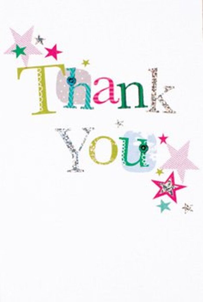 The graceful yet exuberant arrangement of 'Thank You' on this card evokes the lively, diverse character of South Tottenham. Each letter is a showcase of cheerful individuality: some swirl with playful curves and polka dots, others shimmer with a soft metallic silver, echoing the patchwork creativity typical of nearby local shops. Surrounding the text, vibrant stars-striped in hot pink, brushed with turquoise, sparkling in silver-cluster like blessings at the corners, adding a celebratory energy reminiscent of the communal gatherings by Lordship Recreation Ground. The entire composition feels light and spacious, with a crisp white background allowing the message and motifs to dance as if in open air. There is a measured sophistication in this design-neither overly formal nor too casual-making it perfect for sharing gratitude across generations and cultures in South Tottenham. Imagining this card next to a fragrant bouquet, it becomes an uplifting gesture-a keepsake of appreciation as spirited as flowers fresh from a local florist's hands.