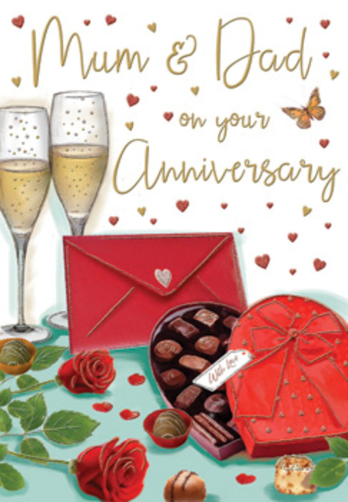 Warm, richly coloured anniversary card illustration that looks like a romantic dessert table set for devoted parents in South Tottenham. In the foreground, a heart-shaped box of chocolates takes pride of place, its deep ruby lid flipped back to reveal an assortment of neatly arranged truffles. The exterior of the box is wrapped with an opulent red ribbon tied into a generous bow, the satin folds drawn with careful shading so they appear almost silky to the touch. Resting nearby are scattered chocolates and little sweet treats, as if a family has already begun to sample them between laughter and conversation. Just behind, two tall champagne flutes stand close together, their slender stems aligned in quiet symmetry. Both glasses are filled with glowing, golden champagne, tiny bubbles rising in spirals that catch the light and suggest gentle movement, like the start of a heartfelt toast. Alongside this, two luxurious red roses lie across the table surface, petals layered and slightly curled, just like the freshest blooms chosen by a local South Tottenham florist serving the streets around Seven Sisters and the paths towards Downhills Park. Their glossy green leaves frame the flowers and soften the composition with natural texture. The background is softly illuminated, with stylised gold accents and floating red and gold hearts drifting around a hand-lettered message for Mum & Dad, giving the impression of love that surrounds the couple. A scarlet envelope, sealed and resting neatly near the chocolates, hints at a card filled with tender words from children or grandchildren. Altogether, the scene feels like a treasured anniversary evening at home in N15, where familiar surroundings, shared treats, and sparkling drinks celebrate years of quiet devotion.