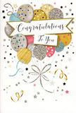 In this image, a refined congratulations card is displayed as if just set beside a fresh bouquet, its design radiating quiet joy and gentle glamour. A central cluster of rounded balloons appears to float upward from the lower portion of the card, forming a loose, organic bouquet similar in spirit to the hand-tied arrangements we send across South Tottenham for exam results and promotion celebrations. The balloons are softly shaded in complementary hues of gold, silver, champagne, sky blue, blush pink, and misty grey, giving the composition a balanced, almost weightless feel. Each balloon is embellished with its own character: some carry trails of tiny metallic stars, others show neat stripes or scattered glitter-like specks, all rendered in shimmering foil that would catch any ambient light, from a kitchen window near Downhills Park to a cosy living room off West Green Road. Elegant, curling ribbons cascade downward from the balloon bases, drawn in graceful, metallic lines that add movement and rhythm to the scene. Draped gently across the centre, a banner bears the words Congratulations To You in flowing, decorative script, the letters slightly raised to suggest a tactile finish if you ran your fingers over them. Surrounding this focal point, the background stays soft and uncluttered, sprinkled with tiny foil stars, dots, and playful swirls that suggest the scatter of confetti in the air after a toast. The card's overall atmosphere is one of lightness, delight, and genuine pride-ideal for celebrating achievements big or small, while bringing a touch of polished festivity to any home in the South Tottenham area.