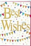 This Best Wishes card captures the mood of a small, joyful celebration, much like the atmosphere of a sunny afternoon event in South Tottenham. At its heart, the words Best Wishes are rendered in large, flowing gold script, embossed so they rise gently from the page and glimmer with a fine, glitter-like sheen. The lettering feels confident yet warm, curving gracefully across a pure white background that keeps the design bright and airy. Surrounding this central message, graceful swags of bunting loop across the card from side to side, their soft arcs reminiscent of colourful flags strung above a local street party near Tottenham Green. Each tiny triangular flag is painted in vivid tones-royal blue, crimson, emerald, lemon, and magenta-with a variety of simple patterns: tidy stripes, playful polka dots, and small, mosaic-style shapes that add extra interest without overwhelming the eye. Scattered stars and round confetti dots, echoing the bunting colours, are sprinkled across the white space, some close to the lettering, others drifting towards the card's edges. They create the feeling of movement, as if a handful of confetti has just been tossed up, frozen in mid-air at the height of celebration. The composition feels balanced, modern, and cheerful, making this card perfect for sending congratulations, good luck, or heartfelt encouragement. Tucked alongside a fresh bouquet arriving at a home off Philip Lane or near Seven Sisters Road, it would bring a little glimmer of festivity to the moment, carrying your warm wishes with a touch of golden sparkle and South Tottenham charm.