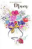 In this expressive Mother's Day card artwork, a watercolour bouquet bursts from the centre of the page, radiating the kind of heartfelt warmth you might feel stepping into a cosy South Tottenham florist on a spring afternoon. The main blooms glow in vibrant cerise and hot pink, their petals loosely brushed and edged with confident strokes of deep indigo that give them definition without losing their softness. Between these bolder flowers, softer blossoms appear in lavender, dusky purple, and calm sky blue, creating a soothing balance and suggesting the layered textures of a real mixed bouquet. Subtle greens and hints of apricot peek through the arrangement, while fine gold lines and tiny golden sparks trace some of the petals and leaves, casting a gentle shimmer like sunlight reflecting off shop windows along West Green Road. The flowers rise from a simple, rounded vase, its shape suggested with minimal lines and accented with a slender touch of gold that feels like a neat ribbon tied by hand. All around, flecks of pigment and small, scattered hearts give the sense that colour is spilling outward, like emotions too big to contain. The background remains largely white, allowing every hue to stand out clearly, making the bouquet appear both airy and full of life. The overall impression is of a lovingly imagined floral gift, ideal for pairing with real flowers delivered locally for Mother's Day, whether to a home near Philip Lane, along High Road, or tucked away in one of South Tottenham's quiet side streets.