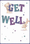 A whimsical illustrated get well card shows two comforting friends-a soft teddy bear and a floppy-eared puppy-teaming up to share a bright 'Get Well' message, the kind of gentle encouragement you might send alongside a cheerful bouquet here in South Tottenham. The bear, plump and cuddly, leans over the top of the bold word GET, its rounded paws resting lightly on the letters as if giving them a reassuring hug. Below, the puppy balances eagerly against the word WELL, its velvety ears tumbling down and its nose nudging the letters with playful enthusiasm. The typography is large and bouncy, shaded in rich indigo and teal tones that stand out crisply against a clean, creamy white background. Around the characters and text, tiny starbursts and scattered stars shimmer in blues, purples, and soft aquas, like little sparks of hope drifting across the page. The gentle contrast of deep colours on pale ground creates a feeling of clarity and calm, much like opening the curtains to soft morning light over the streets near Seven Sisters Road. You can almost sense the card being propped beside a bedside bouquet-perhaps bright daisies or fragrant stocks-its warmth and innocence offering quiet comfort with every glance. This design captures the simple, heartfelt wish behind every get well gift: a promise of brighter days, shared smiles, and the reassuring presence of friends, whether furry or human, here in the heart of South Tottenham.