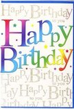 The front of this birthday card feels like a burst of colour and warmth, the kind of cheerful scene you might associate with a family celebration in a South Tottenham home filled with flowers and laughter. Dominating the design, the words Happy Birthday stand proudly across the middle in large, rounded letters, each one painted in a vibrant shade that shifts gracefully across the spectrum. The colours move from lush ruby and raspberry tones through soft tangerine and bright lemon, then into fresh grassy greens and turquoise, ending with deep ocean blues and regal purples. The shading gives the impression of smooth gradients, so the letters seem to glow with an inner light, reminiscent of helium balloons or hand-iced lettering on a special cake from a local bakery. Behind the main message, a delicate field of gold script repeats Happy Birthday to you again and again in elegant, looping cursive. The metallic ink adds a gentle sparkle, catching and reflecting light as if tiny fairy lights had been woven through the background-subtle yet unmistakably celebratory. The script forms a soft, decorative pattern, wrapping the bold central greeting in a continuous murmur of well-wishes. Fine flecks of shimmer are scattered between the lines, suggesting the suggestion of confetti or stardust without cluttering the design. The card surface appears sleek and smooth, likely offering a slightly satiny touch. Together, the vivid lettering and refined gold backdrop create a balance of playful fun and heartfelt sentiment, making this an ideal birthday card to accompany a vibrant bouquet delivered anywhere around South Tottenham for someone who deserves a day full of colour and joy.