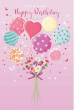 A playful yet elegant birthday design comes to life on a blush-pink canvas, evoking the cosy, community feel of South Tottenham celebrations. At the heart of the image, a cluster of pastel balloons rises as though lifting a bouquet into the air, creating a floating carnival of colour. The balloons are softly rounded, painted in hues of mint green, powder pink, lemon, and lilac, with each one dressed in its own delightful pattern-candy-striped swirls, cheerful polka dots, and delicate floral designs that mirror the blooms below. Nestled at the base is a hand-tied arrangement of dainty roses and airy, anemone-like flowers in ivory, blush, and muted mauve, their petals layered and feathery, inviting you to imagine the gentle touch and sweet scent of freshly cut stems. A rich violet satin bow gathers the bouquet, its sheen catching the same warm, diffused light that shimmers on the balloons above. Tiny star shapes and fluttering butterflies are scattered across the scene, as if drifting on a light breeze rolling in from nearby parks and garden-lined streets. The overall composition feels like a birthday wish made visible-soft, uplifting, and full of quiet excitement. It beautifully captures the joy of sending flowers and balloons together to mark someone's special day right here in South Tottenham, turning a simple greeting into a cherished moment.