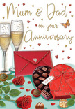 Romantic anniversary card artwork that captures the feeling of a family celebration tucked away in a South Tottenham living room. At the centre of the illustration, two slender champagne flutes stand side by side, their clear glass reflecting a soft, golden glow as fine bubbles rise to the surface, ready for a loving toast between Mum and Dad. In front of the glasses, a heart-shaped box of chocolates rests open, revealing a careful selection of truffles in warm browns and creamy tones, each drawn with a slight shine that suggests rich, smooth fillings. The box itself is deep red, accented by an extravagant satin bow whose loops and tails spill gracefully over the lid, echoing the romance of the occasion. To one side, a pair of deep red roses lies on the table, their velvety petals intricately layered, like flowers freshly chosen from a South Tottenham florist before being carried home along West Green Road or towards Seven Sisters. Their stems are trimmed and framed with glossy green leaves, adding a touch of natural freshness to the indulgent scene. Scattered chocolates dot the tabletop, contributing to a relaxed, joyful mood. Above and around the central arrangement, tiny crimson and gold hearts float against a pale, softly glowing background, encircling a hand-written anniversary message addressed to loving parents. A rich red envelope, slightly angled, anchors the lower part of the image, suggesting heartfelt words tucked inside. The whole composition feels intimate and warm, evoking the scent of roses, the taste of shared chocolates, and the quiet happiness of marking another year of marriage in the heart of the South Tottenham community.